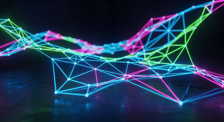 3d rendering of low poly wireframe connection dots and lines over dark backgroundの素材