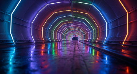 Futuristic tunnel with glowing lights. 3d render illustration.の素材