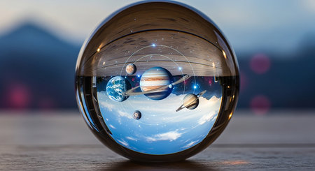 Glass sphere with the image of the planets in the solar system.の素材