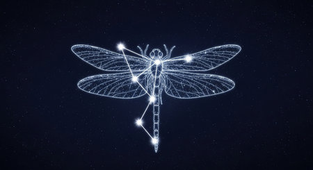 Illustration of a digital dragonfly in a starry night skyの素材