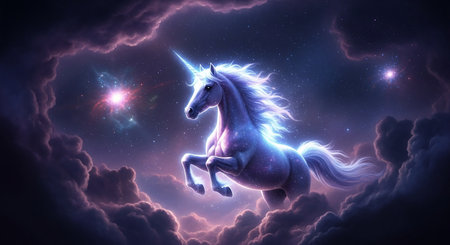 Unicorn in the night sky with clouds and stars. 3D renderingの素材