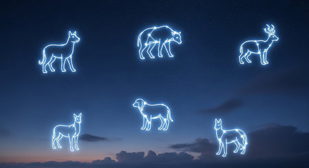 Neon deer icons set on night sky background. 3D renderingの素材