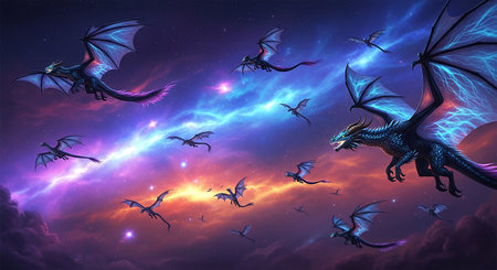 Fantasy dragon flying in the night sky. 3d illustration.の素材