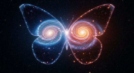 3D rendering of a butterfly in space surrounded by stars and galaxiesの素材