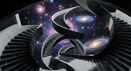 Abstract spiral staircase with planets, stars and galaxies. 3D renderingの素材