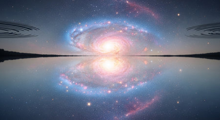 3d illustration of a starry sky reflecting in a lake.の素材