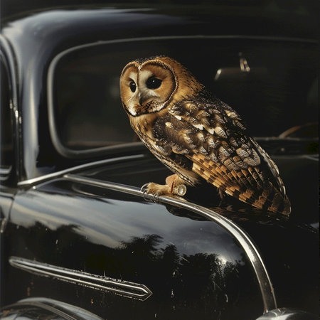 Owl perched on a sleek black car, a serene night scene.の素材
