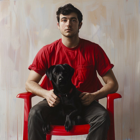 Red-shirted man with a black dog holds a plastic chair, perfect for outdoor gatherings.の素材