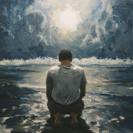 Kneeling man amidst ocean waves, sky reflected in waterの素材