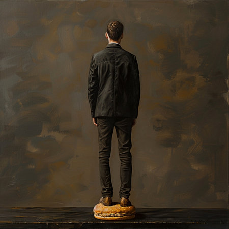 Man in a black suit stands in front of a burger on a dark backgroundの素材