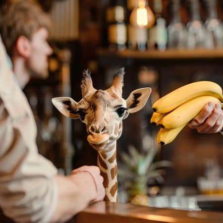 Giraffe and bananas in the hands of a bartender at the barの素材