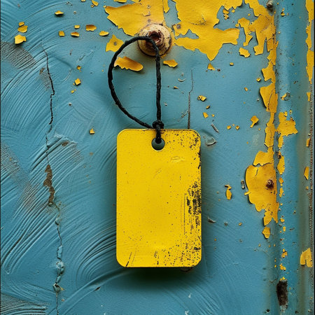 Yellow tag hanging on a blue metal door with peeling paint.の素材
