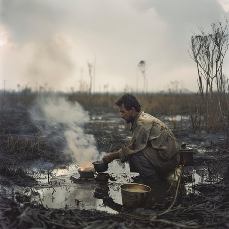 The unidentified man is cooking in the paddy field in Chiang Mai, Thailand.の素材