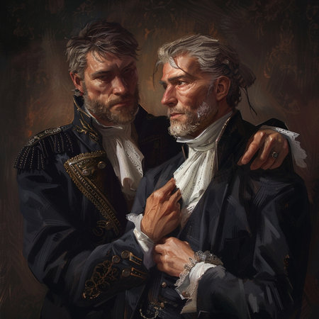 Portrait of two medieval men in classic clothes. Studio shot.の素材