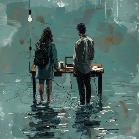 Couple at the lake with a laptop. Digital painting illustration.の素材