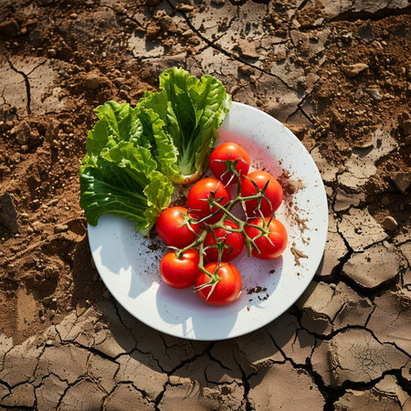 Tomatoes and lettuce on the background of cracked earth. Toned.の素材