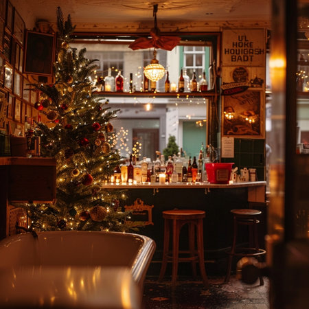 New Year's interior of a bar with a Christmas tree in the foregroundの素材