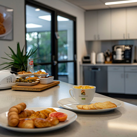 Breakfast with coffee and croissants on a table in the kitchenの素材