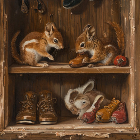 Easter decoration on the shelf. Rabbits, eggs and shoes.の素材