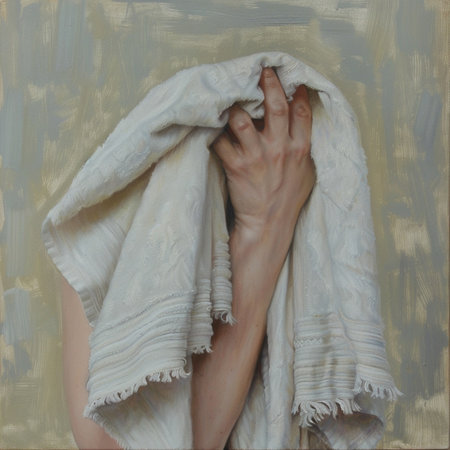 A woman in a white robe covers her hands with a blanket.の素材
