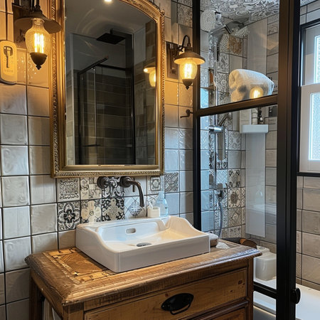Interior of a bathroom with ceramic tile wall, mirror and sinkの素材
