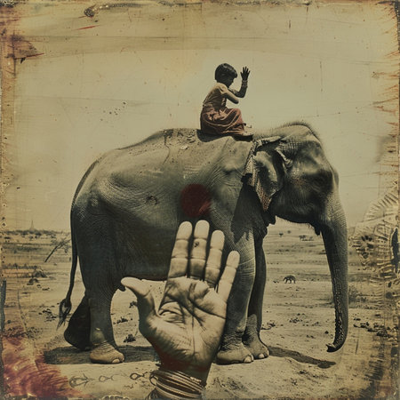 Vintage image of an Indian elephant with a child on his back.の素材