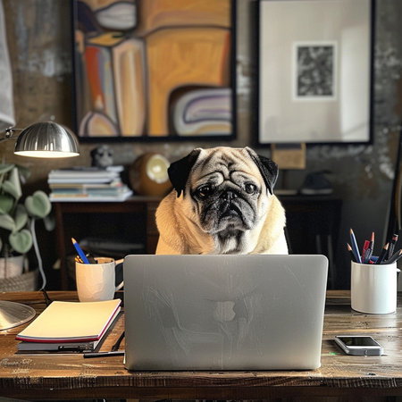 Cute pug dog sitting at the table with laptop. Work from home concept.の素材