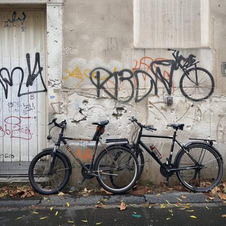 Bicycles parked in front of a wall covered with graffiti.の素材