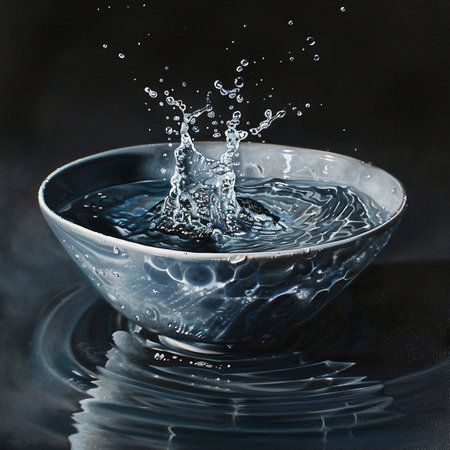 Water splash in a bowl on a black background. Studio shot.の素材