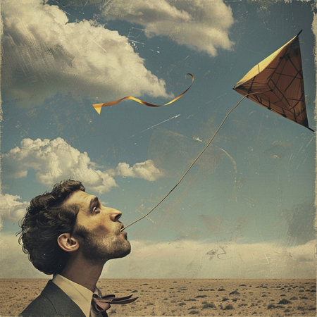 Businessman with kite in the desert. Photo in old image style.の素材