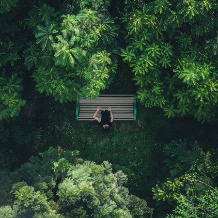 Relaxing individual enjoys nature on a verdant park bench.の素材