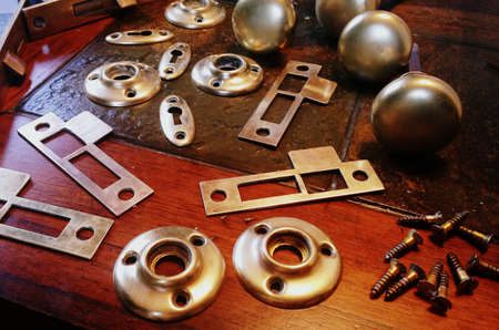 Brass doorknob parts and piecesの写真素材