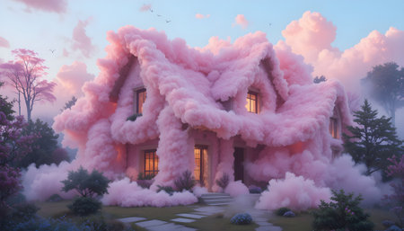 Whimsical and surreal scene of a house entirely made of soft pink clouds, floating high in a dreamy blue sky. Magical, imaginative concept suitable for fantasy art, storybook illustrations, and creative design projects.の素材