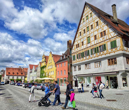 Memmingen, Bavaria, Germany - July 1, 2017 Colorful houses on the streets of old town Memmingenのeditorial素材