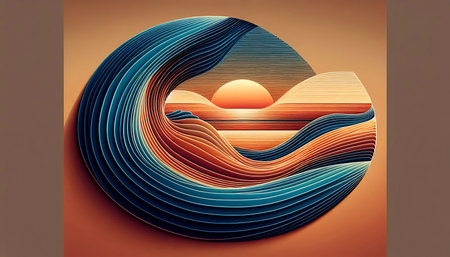 An abstract digital artwork depicting a sunset over a layered seascape in warm and cool colors.の素材