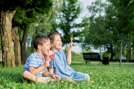 two children with lollipops sit on the green grass in summer.の写真素材