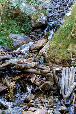 Beautiful small waterfall in the North Caucasus mountains.
