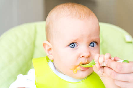 a small child with blue eyes and blond hair sits in a high chair and eats the first bait. Healthy diet. Baby 6 monthsの写真素材
