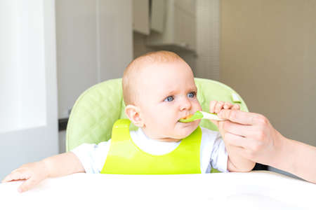 a small child with blue eyes and blond hair sits in a high chair and eats the first bait. Healthy diet. Baby 6 monthsの写真素材