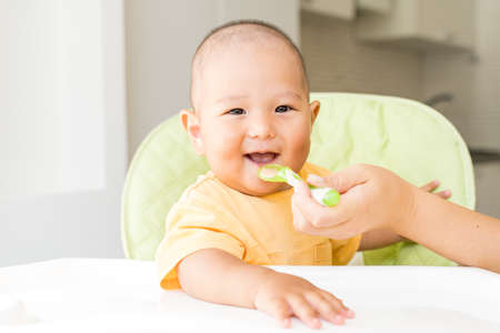 Mom feeds Asian baby with a spoon healthy food in the first lureの写真素材