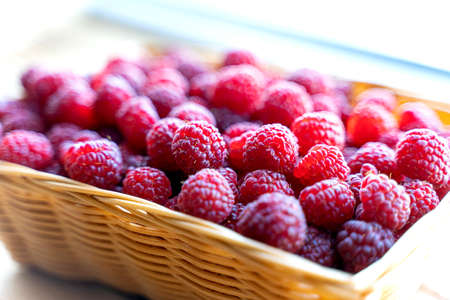 ripe juicy raspberries close-up. step-by-step instructions on how to prepare raspberriesの写真素材