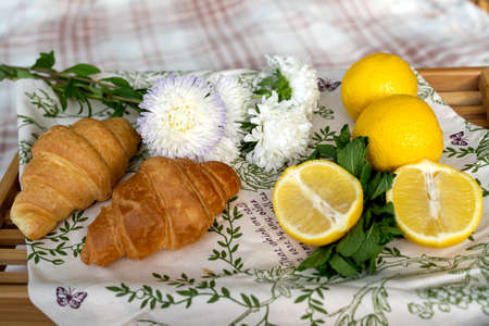 wooden tray with croissants and lemon on picnic.の写真素材