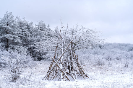 Tent made of thin branches in the winter