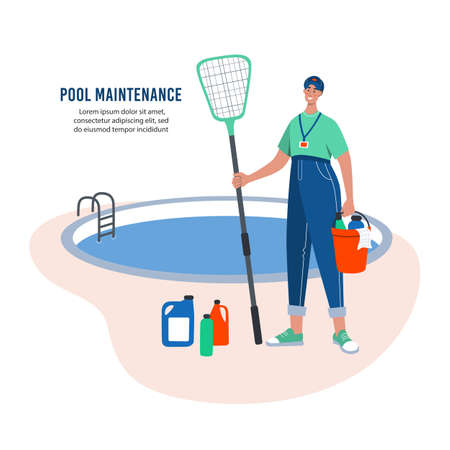 Pool maintenance concept. Pool cleaner with cleaning equipment. Flat vector illustration.のイラスト素材