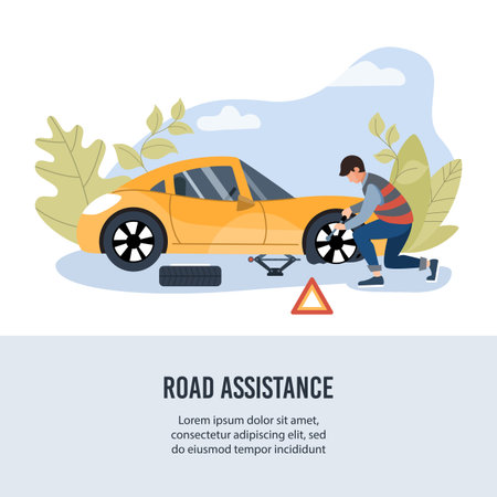 Road assistance. Mechanic changing wheel on a roadside. Banner for insurance or roadside service. Flat vector illustration.のイラスト素材