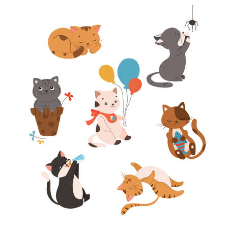 Cute kitty cat vector illustration set with different cats poses, toys, and foodのイラスト素材