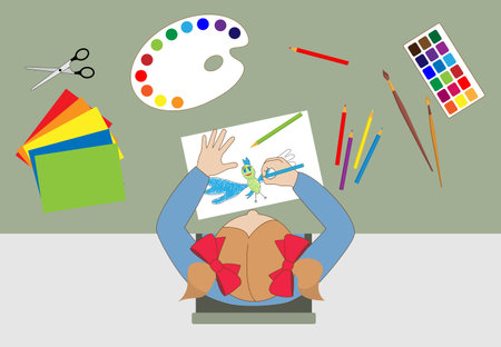 Girl drawing at the table, top view. Flat design
