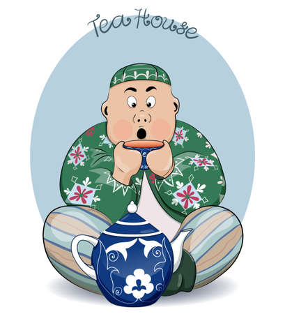 Asian man sitting and drinking teaのイラスト素材