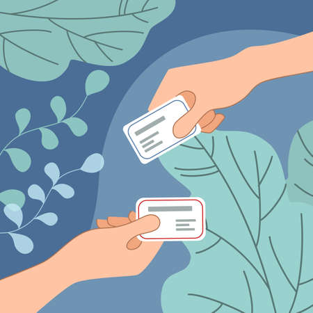 Hands with business cards, banner meeting conceptのイラスト素材