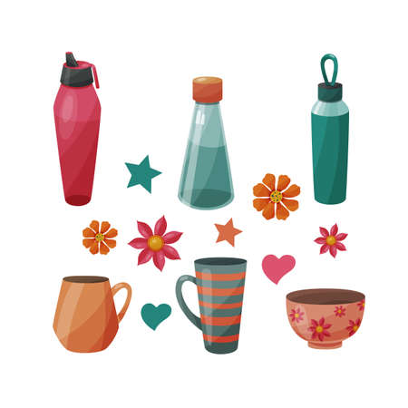 Set of various bottles and cups, white backgroundのイラスト素材